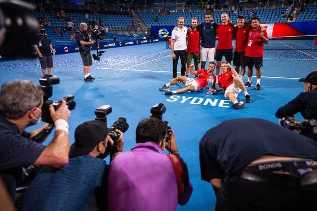 Mandatory Credit: Photo by James Gourley Shutterstock (12745941ct) Team Canada with the trophy after winning the ATP, Tennis Herren Cup Final against Team Spain ATP Cup Final, Tennis, Ken Rosewall Arena, Sydney, Australia - 09 Jan 2022 ATP Cup Final, Tennis, Ken Rosewall Arena, Sydney, Australia - 09 Jan 2022  Copyright: xJamesxGourley Shutterstockx 12745941ct