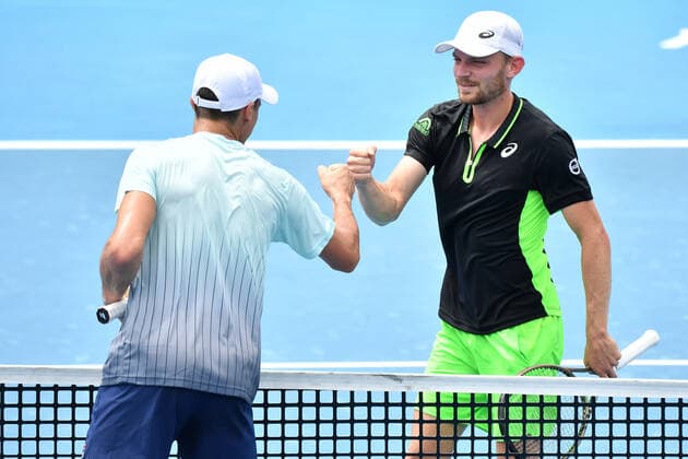 SYDNEY TENNIS CLASSIC, David Goffin of Belgium Bumps fists after defeating Facundo Bagnis of Argentina on Day 1 of the Sydney Tennis Classic at Sydney Olympic Park in Sydney, Monday, January 10, 2022. ( NO ARCHIVING, EDITORIAL USE ONLY, NO USE IN BOOKS WITHOUT CONSENT SYDNEY NSW AUSTRALIA  Copyright: xDEANxLEWINSx 20220110001612231562