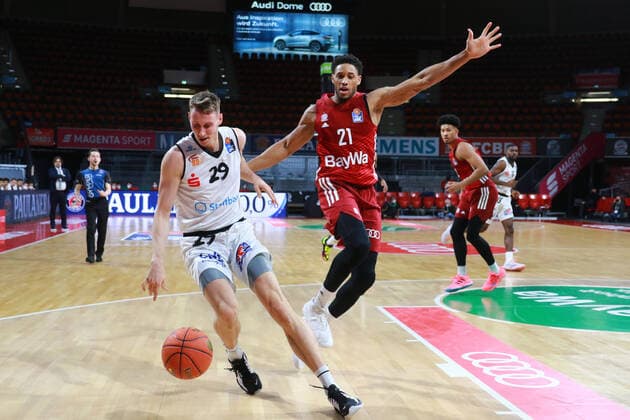 21 Augustine Rubit FCBB against 29 Mindaugas Susinskas Niners Chemnitz Basketball BBL FC Bayern Munich Niners Chemnitz in the Audi Dome on 09 01 2021 PHOTO Mladen Lackovic LakoPress