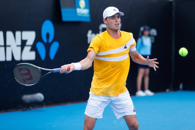 Chris OÕConnell of Australia plays a forehand against Sebastian Baez of Argentina during the Sydney Tennis Classic 2022 at Sydney Olympic Park Tennis Centre, Sydney, Australia on 11 January 2022. Copyright: xPeterxDovganx 30470024