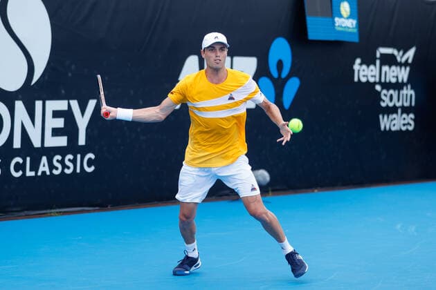 Chris OÕConnell of Australia plays a forehand against Sebastian Baez of Argentina during the Sydney Tennis Classic 2022 at Sydney Olympic Park Tennis Centre, Sydney, Australia on 11 January 2022. Copyright: xPeterxDovganx 30470025