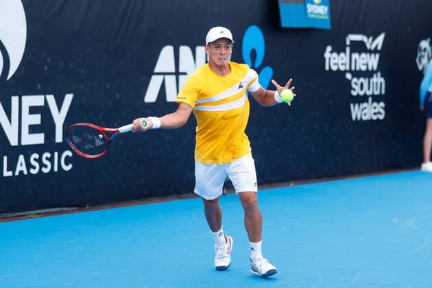 Sebastian Baez of Argentina plays a forehand against Chris OÕConnell of Australia during the Sydney Tennis Classic 2022 at Sydney Olympic Park Tennis Centre, Sydney, Australia on 11 January 2022. Copyright: xPeterxDovganx 30470031