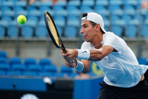 Alexei Popyrin of Australia plays a backhand against Pedro Martinez of Spain during the Sydney Tennis Classic 2022 at Sydney Olympic Park Tennis Centre, Sydney, Australia on 11 January 2022. Copyright: xPeterxDovganx 30470065