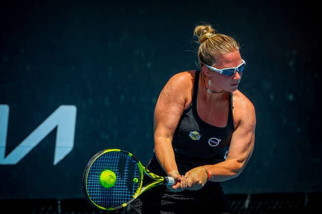 Belgian Bonaventure WTA, Tennis Damen 235) pictured in action during a first round game of the women s qualifications against Romania s Buzarnescu (WTA 122) ahead of the Australian Open tennis Grand Slam, Tuesday 11 January 2022 in Melbourne Park, Melbourne, Australia. The 2022 edition of the Australian Grand Slam takes place in the ongoing pandemic. PATRICKxHAMILTON  x3171445x