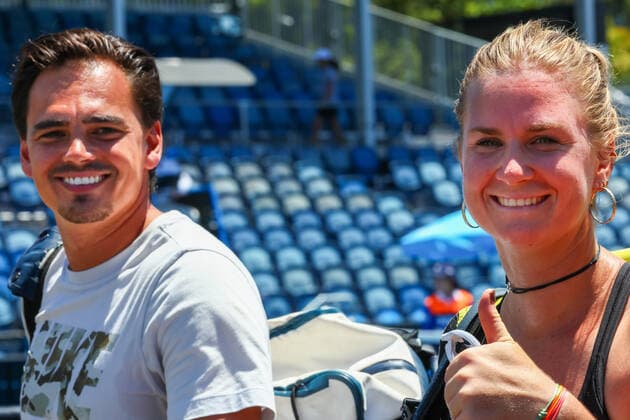 Paul Monteban and Ysaline Bonaventure WTA, Tennis Damen 235) pictured after winning a first round game of the women s qualifications against Romania s Buzarnescu (WTA 122) ahead of the Australian Open tennis Grand Slam, Tuesday 11 January 2022 in Melbourne Park, Melbourne, Australia. The 2022 edition of the Australian Grand Slam takes place in the ongoing pandemic. PATRICKxHAMILTON  x3171456x