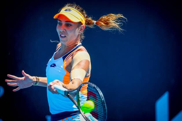 Romanian Mihaela Buzarnescu pictured in action during a first round game of the women s qualifications against Belgian Bonaventure WTA, Tennis Damen 235) ahead of the Australian Open tennis Grand Slam, Tuesday 11 January 2022 in Melbourne Park, Melbourne, Australia. The 2022 edition of the Australian Grand Slam takes place in the ongoing pandemic. PATRICKxHAMILTON  x3171460x