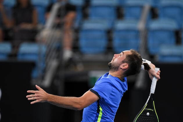 SYDNEY, AUSTRALIA - JANUARY 11: Viktor Durasovic of Norway hits a high ball during the Sydney Classic Tennis match between Viktor Durasovic of Norway and Andy Murray of Great Britain at Ken Rosewall Arena on January 11, 2022 in Sydney, Australia. (Photo by Steven Markham Icon Sportswire) TENNIS: JAN 11 Sydney Classic Icon2201110010