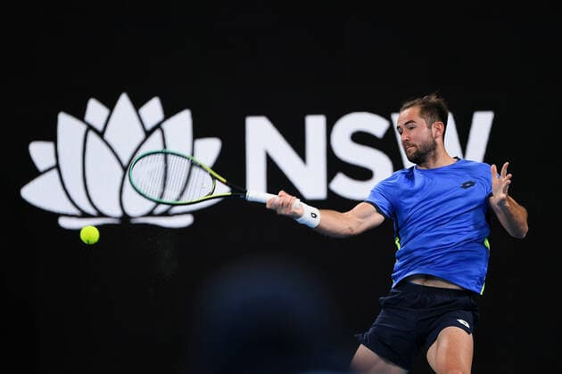 SYDNEY, AUSTRALIA - JANUARY 11: Viktor Durasovic of Norway plays a forehand during the Sydney Classic Tennis match between Viktor Durasovic of Norway and Andy Murray of Great Britain at Ken Rosewall Arena on January 11, 2022 in Sydney, Australia. (Photo by Steven Markham Icon Sportswire) TENNIS: JAN 11 Sydney Classic Icon2201110015