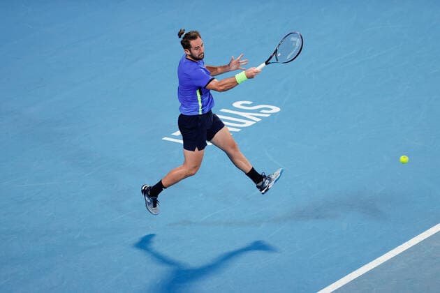 Viktor Durasovic of Norway plays a forehand against Andy Murray of Great Britain during the first round match at Sydney Tennis Classic 2022 at Sydney Olympic Park Tennis Centre, Sydney, Australia on 11 January 2022. Copyright: xPeterxDovganx 30470143