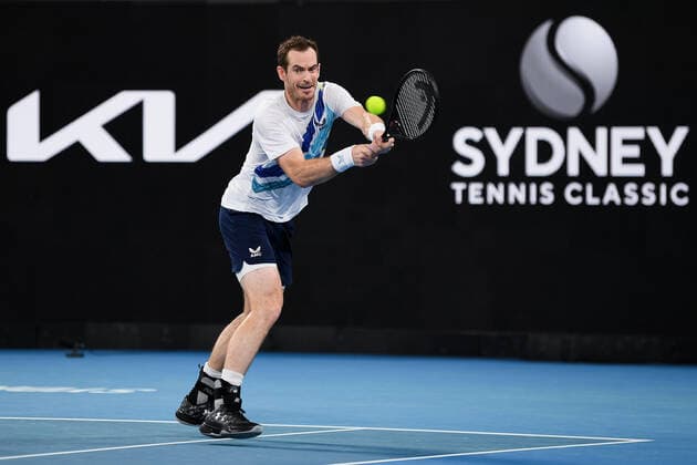 SYDNEY, AUSTRALIA - JANUARY 11: Andy Murray of Great Britain plays a backhand during the Sydney Classic Tennis match between Viktor Durasovic of Norway and Andy Murray of Great Britain at Ken Rosewall Arena on January 11, 2022 in Sydney, Australia. (Photo by Steven Markham Icon Sportswire) TENNIS: JAN 11 Sydney Classic Icon2201110021