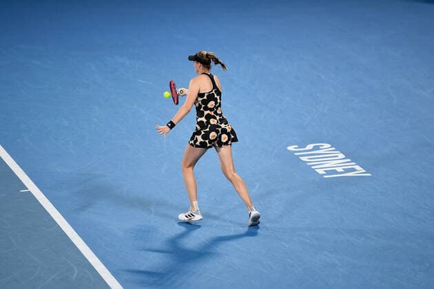 SYDNEY, AUSTRALIA - JANUARY 11: Elena Rybakina of Kazakhstan plays a forehand during the Sydney Classic Tennis match between Emma Raducanu of Great Britain and Elena Rybakina of Kazakhstan at Ken Rosewall Arena on January 11, 2022 in Sydney, Australia. (Photo by Steven Markham Icon Sportswire) TENNIS: JAN 11 Sydney Classic Icon2201110104