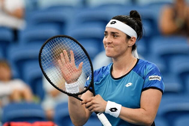 SYDNEY, AUSTRALIA - JANUARY 12: Ons Jabeur of Tunisia celebrates her win during the Sydney Classic Tennis match between Petra Kvitova of the Czech Republic and Ons Jabeur of Tunisia at Ken Rosewall Arena on January 12, 2022 in Sydney, Australia. (Photo by Steven Markham Icon Sportswire) TENNIS: JAN 12 Sydney Classic Icon2201120060