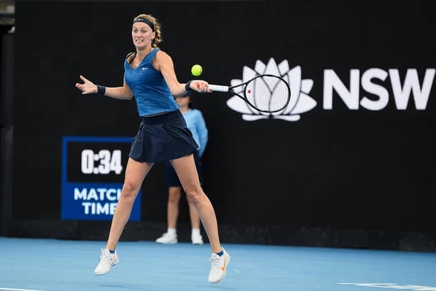 SYDNEY, AUSTRALIA - JANUARY 12: Petra Kvitova of the Czech Republic plays a forehand during the Sydney Classic Tennis match between Petra Kvitova of the Czech Republic and Ons Jabeur of Tunisia at Ken Rosewall Arena on January 12, 2022 in Sydney, Australia. (Photo by Steven Markham Icon Sportswire) TENNIS: JAN 12 Sydney Classic Icon2201120021