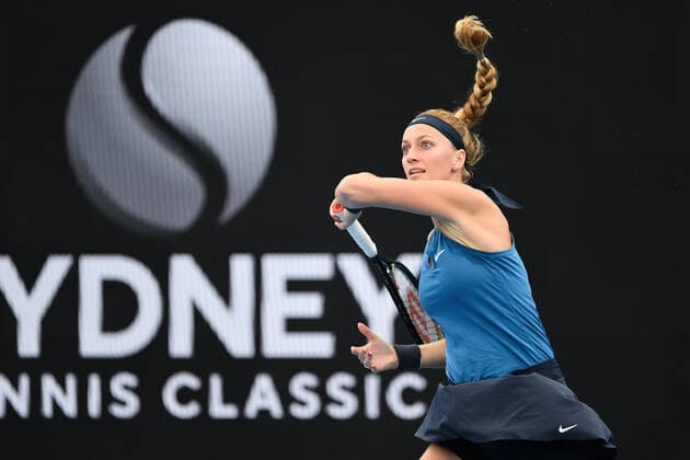 SYDNEY, AUSTRALIA - JANUARY 12: Petra Kvitova of the Czech Republic plays a forehand during the Sydney Classic Tennis match between Petra Kvitova of the Czech Republic and Ons Jabeur of Tunisia at Ken Rosewall Arena on January 12, 2022 in Sydney, Australia. (Photo by Steven Markham Icon Sportswire) TENNIS: JAN 12 Sydney Classic Icon2201120034