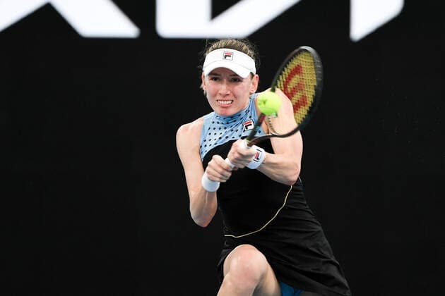 SYDNEY, AUSTRALIA - JANUARY 12: Ekaterina Alexandrova of Russia plays a backhand during the Sydney Classic Tennis match between Garbine Muguruza of Spain and Ekaterina Alexandrova of Russia at Ken Rosewall Arena on January 12, 2022 in Sydney, Australia. (Photo by Steven Markham Icon Sportswire) TENNIS: JAN 12 Sydney Classic Icon2201120081