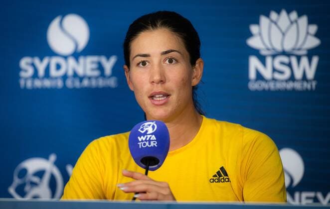Mandatory Credit: Photo by Rob Prange Shutterstock (12751254bs) Garbine Muguruza of Spain talks to the media after the second round of the 2022 Sydney Tennis Classic WTA, Tennis Damen 500 tennis tournament Sydney Tennis Classic, Day 3, Tennis, Olympic Park, Sydney, Australia - 12 Jan 2022 Sydney Tennis Classic, Day 3, Tennis, Olympic Park, Sydney, Australia - 12 Jan 2022 Copyright: xRobxPrange Shutterstockx 12751254bs