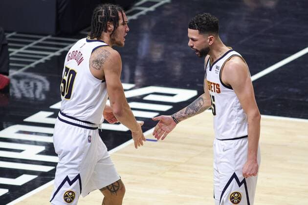 Aaron Gordon (L) and Austin Rivers of the Nuggets celebrate during an NBA, Basketball Herren, USA game between the Los Angeles Clippers and the Denver Nuggets, at the Crypto.com Arena in Los Angeles, United States, 11 January 2022. Los Angeles Clippers vs Denver Nuggets !ACHTUNG: NUR REDAKTIONELLE NUTZUNG!  Copyright: xPhillipxKimx AME8452 20220112-70cdcc82b5d8a2be4abb7f6e625fdde3c1081ad0