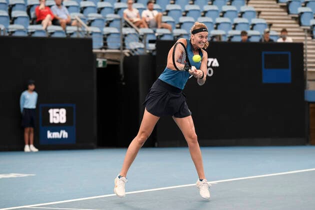 12th January 2022: Ken Rosewall Arena, Sydney Olympic Park, Sydney, Australia; Sydney Tennis Classic, Day 4: Petra Kvitova of Czechoslovakia hits a backhand to Ons Jabeur of Tunisia  ActionPlus12355569 NigelxOwen