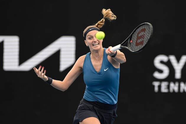 12th January 2022: Ken Rosewall Arena, Sydney Olympic Park, Sydney, Australia; Sydney Tennis Classic, Day 4: Petra Kvitova of Czechoslovakia hits a forehand to Ons Jabeur of Tunisia  ActionPlus12355530 NigelxOwen