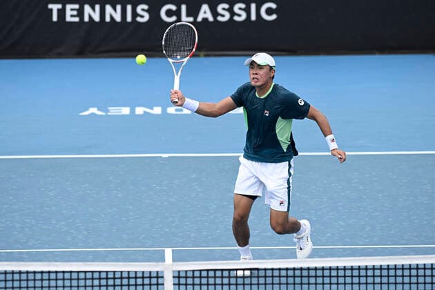 12th January 2022: Sydney Olympic Park, Sydney, Australia; Sydney Tennis Classic, Day 4: Brandon Nakashima of USA hits a volley in his match against Fabio Fognini of Italy  ActionPlus12355562 NigelxOwen