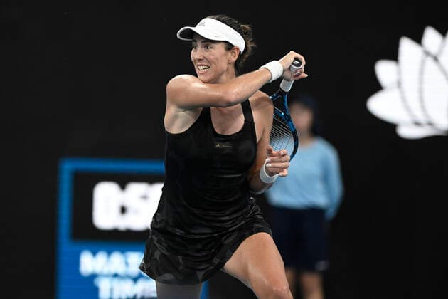 12th January 2022: Ken Rosewall Arena, Sydney Olympic Park, Sydney, Australia; Sydney Tennis Classic, Day 4: Garbine Muguruza of Spain follows through on her shot in her match against Ekaterina Alexandrova of Russia  ActionPlus12355621 NigelxOwen