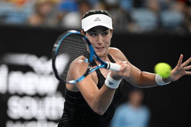 12th January 2022: Ken Rosewall Arena, Sydney Olympic Park, Sydney, Australia; Sydney Tennis Classic, Day 4: Garbine Muguruza of Spain hits a forehand to Ekaterina Alexandrova of Russia  ActionPlus12355628 NigelxOwen