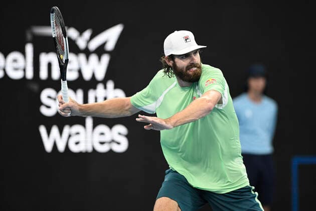 12th January 2022: Ken Rosewall Arena, Sydney Olympic Park, Sydney, Australia; Sydney Tennis Classic, Day 4: Reilly Opelka of USA prepares to hit a forehand to Reilly Opelka of USA  ActionPlus12355651 NigelxOwen