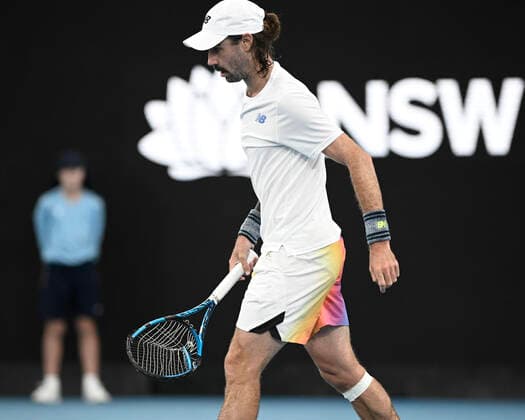 12th January 2022: Ken Rosewall Arena, Sydney Olympic Park, Sydney, Australia; Sydney Tennis Classic, Day 4: Jordan Thompson of Australia smashes his racquet after losing a critical point in his match against Reilly Opelka of USA  ActionPlus12355655 NigelxOwen