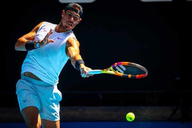 Spanish Rafael Nadal ATP, Tennis Herren 6) pictured at a training session ahead of the Australian Open tennis Grand Slam, Wednesday 12 January 2022 in Melbourne Park, Melbourne, Australia. The 2022 edition of the Australian Grand Slam takes place in the ongoing pandemic. PATRICKxHAMILTON  x3172006x