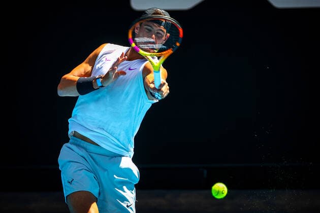 Spanish Rafael Nadal ATP, Tennis Herren 6) pictured at a training session ahead of the Australian Open tennis Grand Slam, Wednesday 12 January 2022 in Melbourne Park, Melbourne, Australia. The 2022 edition of the Australian Grand Slam takes place in the ongoing pandemic. PATRICKxHAMILTON  x3172013x