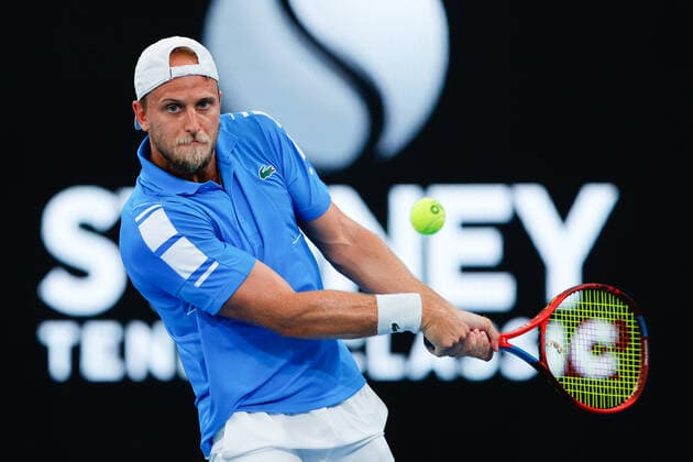 Denis Kudla of USA hits a backhand against David Goffin of Belgium during the Sydney Tennis Classic 2022 at Sydney Olympic Park Tennis Centre, Sydney, Australia on 12 January 2022. Copyright: xPeterxDovganx 30470294
