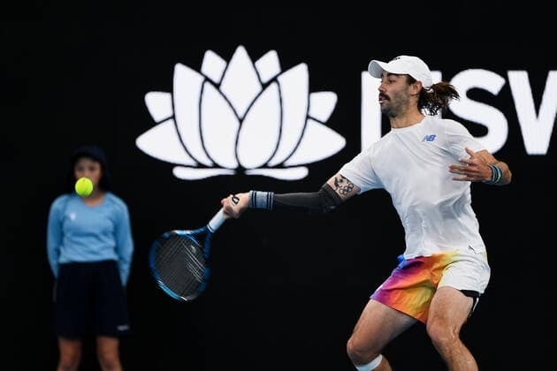 SYDNEY, AUSTRALIA - JANUARY 12: Jordan Thompson of Australia plays a forehand during the Sydney Classic Tennis match between Jordan Thompson of Australia and Reilly Opelka of USA at Ken Rosewall Arena on January 12, 2022 in Sydney, Australia. (Photo by Steven Markham Icon Sportswire) TENNIS: JAN 12 Sydney Classic Icon2201120141