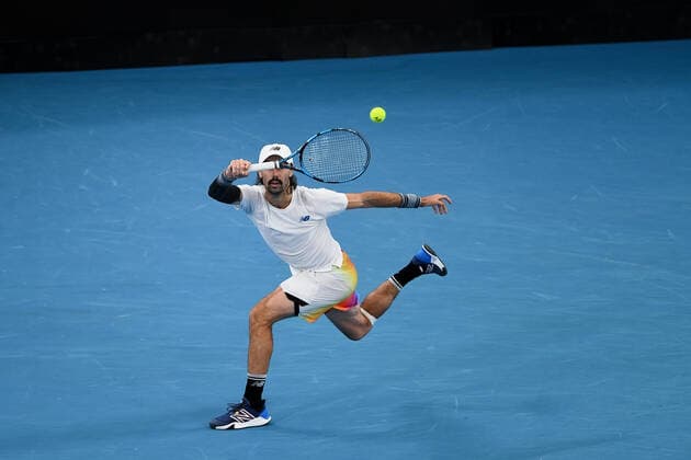 SYDNEY, AUSTRALIA - JANUARY 12: Jordan Thompson of Australia plays a forehand during the Sydney Classic Tennis match between Jordan Thompson of Australia and Reilly Opelka of USA at Ken Rosewall Arena on January 12, 2022 in Sydney, Australia. (Photo by Steven Markham Icon Sportswire) TENNIS: JAN 12 Sydney Classic Icon2201120150