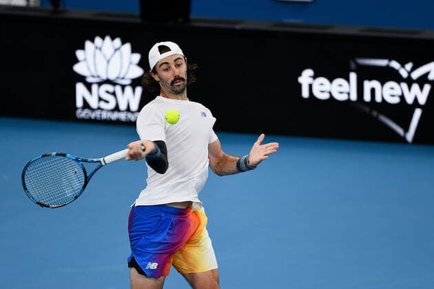 SYDNEY, AUSTRALIA - JANUARY 12: Jordan Thompson of Australia plays a forehand during the Sydney Classic Tennis match between Jordan Thompson of Australia and Reilly Opelka of USA at Ken Rosewall Arena on January 12, 2022 in Sydney, Australia. (Photo by Steven Markham Icon Sportswire) TENNIS: JAN 12 Sydney Classic Icon2201120165