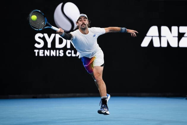 SYDNEY, AUSTRALIA - JANUARY 12: Jordan Thompson of Australia plays a forehand during the Sydney Classic Tennis match between Jordan Thompson of Australia and Reilly Opelka of USA at Ken Rosewall Arena on January 12, 2022 in Sydney, Australia. (Photo by Steven Markham Icon Sportswire) TENNIS: JAN 12 Sydney Classic Icon2201120176