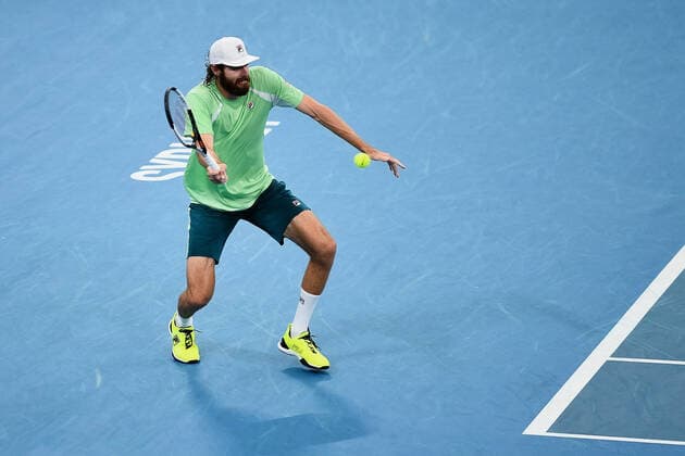 SYDNEY, AUSTRALIA - JANUARY 12: Reilly Opelka of USA plays a forehand during the Sydney Classic Tennis match between Jordan Thompson of Australia and Reilly Opelka of USA at Ken Rosewall Arena on January 12, 2022 in Sydney, Australia. (Photo by Steven Markham Icon Sportswire) TENNIS: JAN 12 Sydney Classic Icon2201120177