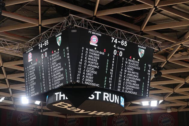 Scoreboard shows final score GER, FC Bayern Basketball vs BC Zalgiris Kaunas, Basketball, EuroLeague, 2021 2022 season, 11 01 2022, GER, FC Bayern Basketball vs BC Zalgiris Kaunas, Basketball, EuroLeague, 2021 2022 season, 11 01 2022, Muenchen Copyright: xEIBNER MarcelxEngelbrechtx EP_EER