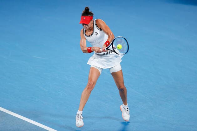 Ajla Tomljanovic of Australia plays a backhand against Paula Badosa of Spain during Round 2 of the Sydney Tennis Classic 2022 at Sydney Olympic Park Tennis Centre, Sydney, Australia on 12 January 2022. Copyright: xPeterxDovganx 30470335