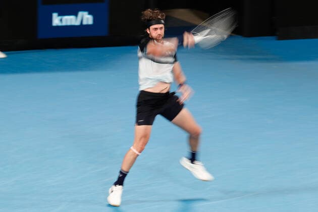 Nikoloz Basilashvili of Georgia plays a forehand against Andy Murray of Great Britain in the second round during the Sydney Tennis Classic 2022 at Sydney Olympic Park Tennis Centre, Sydney, Australia on 12 January 2022. Copyright: xPeterxDovganx 30470384