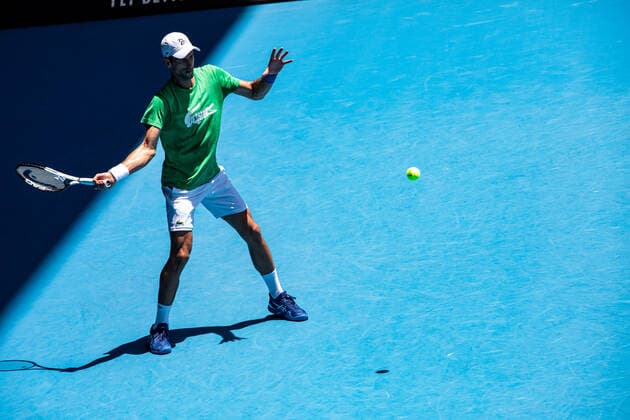 TENNIS AUSTRALIAN OPEN NOVAK DJOKOVIC PRACTICE, Novak Djokovic of Serbia during a training session at Melbourne Park in Melbourne, Thursday, January 13, 2022. Defending Australian Open champion Novak Djokovic remains in limbo awaiting a decision from Immigration Minister Alex Hawke. ( NO ARCHIVING, EDITORIAL USE ONLY, NO USE IN BOOKS WITHOUT CONSENT MELBOURNE VIC AUSTRALIA  Copyright: xDIEGOxFEDELEx 20220113001612980852