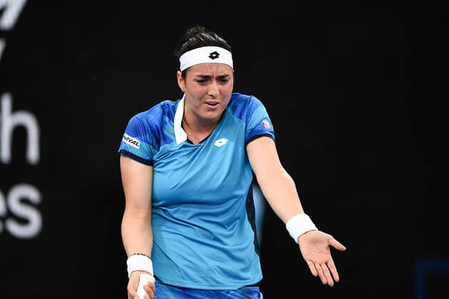 SYDNEY, AUSTRALIA - JANUARY 13: Ons Jabeur of Tunisia shows emotion during the Sydney Classic Tennis match between Ons Jabeur of Tunisia and Anett Kontaveit of Estonia at Ken Rosewall Arena on January 13, 2022 in Sydney, Australia. (Photo by Steven Markham Icon Sportswire) TENNIS: JAN 13 Sydney Classic Icon2201130042
