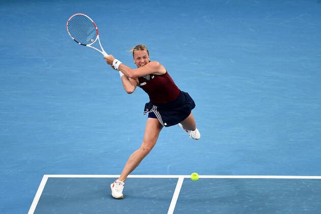 SYDNEY, AUSTRALIA - JANUARY 13: Anett Kontaveit of Estonia plays a backhand during the Sydney Classic Tennis match between Ons Jabeur of Tunisia and Anett Kontaveit of Estonia at Ken Rosewall Arena on January 13, 2022 in Sydney, Australia. (Photo by Steven Markham Icon Sportswire) TENNIS: JAN 13 Sydney Classic Icon2201130048