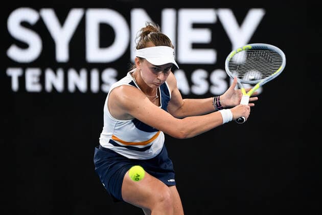SYDNEY, AUSTRALIA - JANUARY 13: Barbora Krejcikova of the Czech Republic plays a backhand during the Sydney Classic Tennis match between Barbora Krejcikova of the Czech Republic and Caroline Garcia of France at Ken Rosewall Arena on January 13, 2022 in Sydney, Australia. (Photo by Steven Markham Icon Sportswire) TENNIS: JAN 13 Sydney Classic Icon2201130068