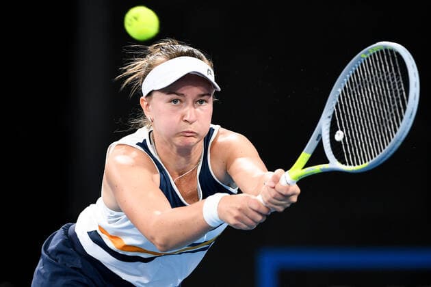 SYDNEY, AUSTRALIA - JANUARY 13: Barbora Krejcikova of the Czech Republic plays a backhand during the Sydney Classic Tennis match between Barbora Krejcikova of the Czech Republic and Caroline Garcia of France at Ken Rosewall Arena on January 13, 2022 in Sydney, Australia. (Photo by Steven Markham Icon Sportswire) TENNIS: JAN 13 Sydney Classic Icon2201130084