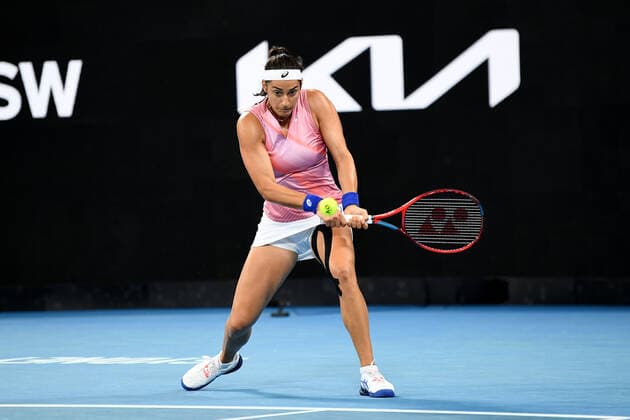 SYDNEY, AUSTRALIA - JANUARY 13: Caroline Garcia of France plays a backhand during the Sydney Classic Tennis match between Barbora Krejcikova of the Czech Republic and Caroline Garcia of France at Ken Rosewall Arena on January 13, 2022 in Sydney, Australia. (Photo by Steven Markham Icon Sportswire) TENNIS: JAN 13 Sydney Classic Icon2201130087