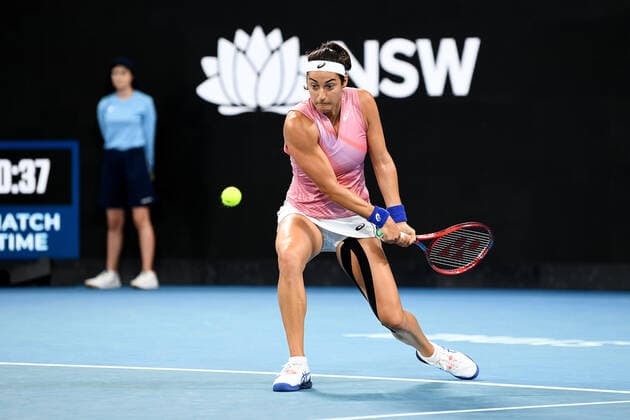 SYDNEY, AUSTRALIA - JANUARY 13: Caroline Garcia of France plays a backhand during the Sydney Classic Tennis match between Barbora Krejcikova of the Czech Republic and Caroline Garcia of France at Ken Rosewall Arena on January 13, 2022 in Sydney, Australia. (Photo by Steven Markham Icon Sportswire) TENNIS: JAN 13 Sydney Classic Icon2201130100
