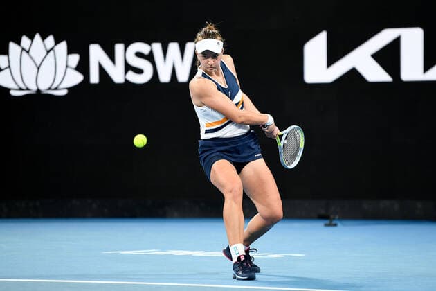 SYDNEY, AUSTRALIA - JANUARY 13: Barbora Krejcikova of the Czech Republic plays a backhand during the Sydney Classic Tennis match between Barbora Krejcikova of the Czech Republic and Caroline Garcia of France at Ken Rosewall Arena on January 13, 2022 in Sydney, Australia. (Photo by Steven Markham Icon Sportswire) TENNIS: JAN 13 Sydney Classic Icon2201130102