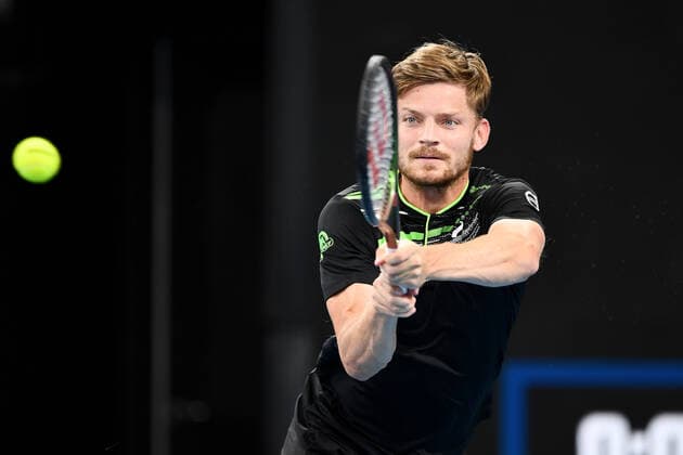SYDNEY, AUSTRALIA - JANUARY 13: David Goffin of Belgium plays a backhand during the Sydney Classic Tennis match between Andy Murray of Great Britain and David Goffin of Belgium at Ken Rosewall Arena on January 13, 2022 in Sydney, Australia. (Photo by Steven Markham Icon Sportswire) TENNIS: JAN 13 Sydney Classic Icon2201130170