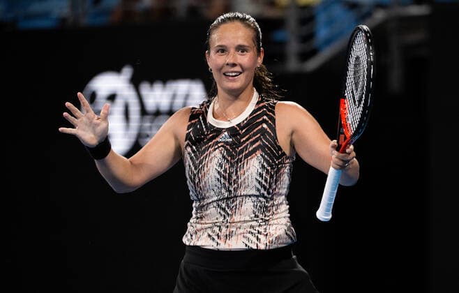 SYDNEY TENNIS CLASSIC, Daria Kasatkina of Russia celebrates victory after winning her quarter final match against Garbine Muguruza of Spain on Day 4 of the Sydney Tennis Classic at Ken Rosewall Arena, in Sydney, Thursday, January 13, 2022. ( NO ARCHIVING, EDITORIAL USE ONLY, NO USE IN BOOKS WITHOUT CONSENT SYDNEY NSW AUSTRALIA  Copyright: xJAMESxGOURLEYx 20220113001613022692