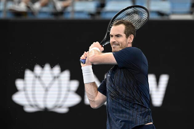 13th January 2022: Ken Rosewall Arena, Sydney Olympic Park, Sydney, Australia; Sydney Tennis Classic, Day 5: Andy Murray of Great Britain follows through on his backhand to David Goffin of Belgium  ActionPlus12355848 NigelxOwen